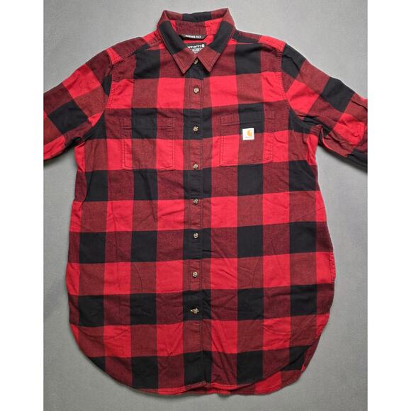 Carhartt Women XL Rugged Flex Fit Midweight Flannel Tunic Top Side Pockets Plaid - Picture 3 of 10